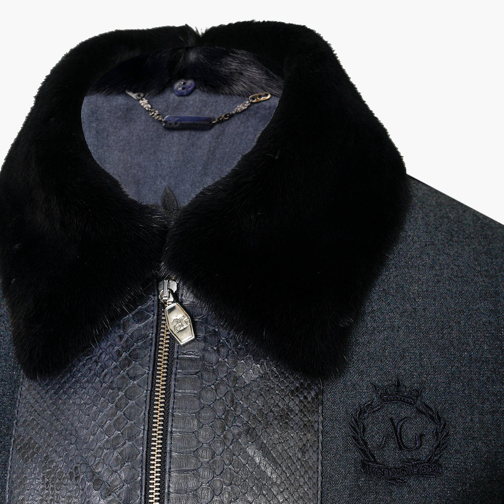 Blue Navy Python & Wool Jacket with Mink Fur