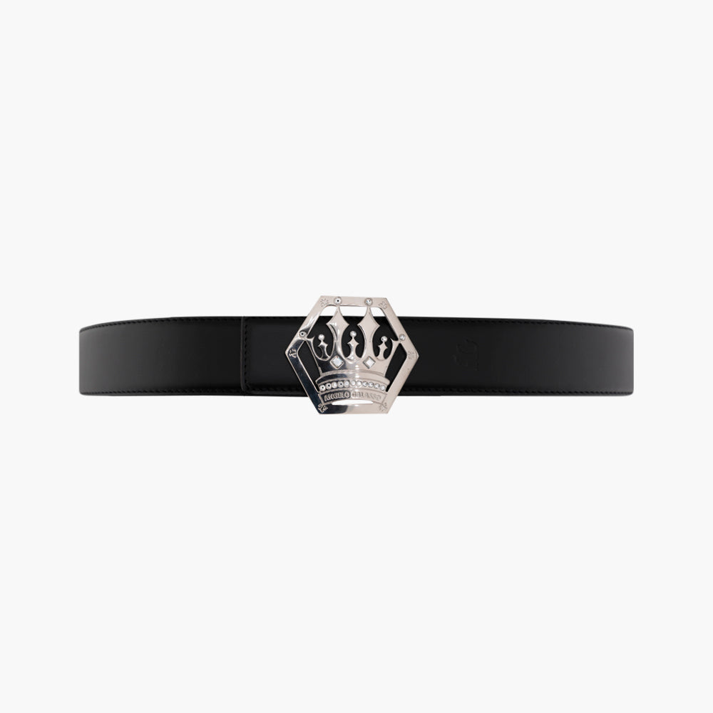 Silver Calfskin Belt with Crown Logo Buckle