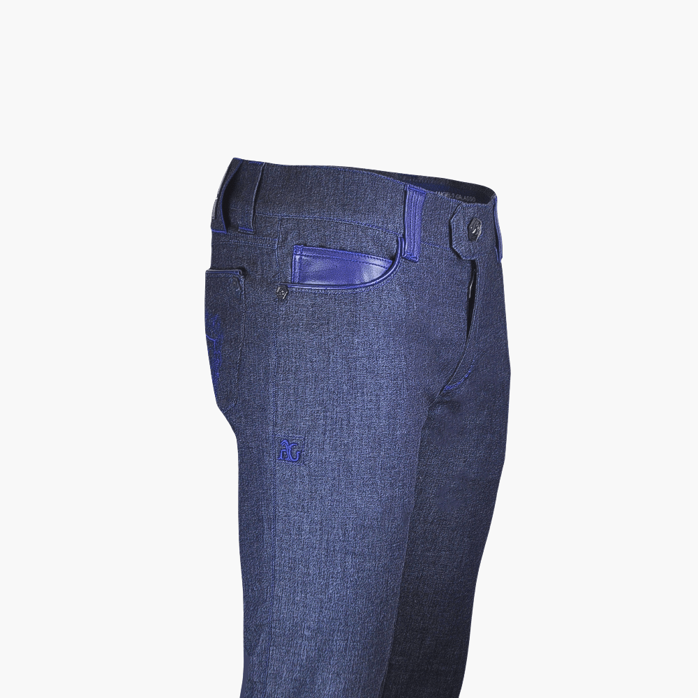 Blue Jeans with Araldica Crest and Leather Inserts - Angelo Galasso - Luxury Italian Menswear London