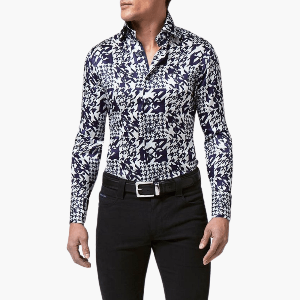Blue Silk Houndstooth Mason Shirt - Angelo Galasso - Luxury Italian Menswear London