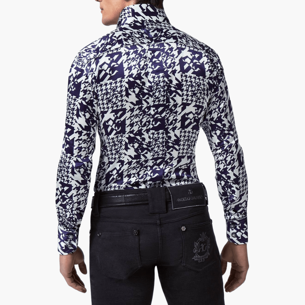 Blue Silk Houndstooth Mason Shirt - Angelo Galasso - Luxury Italian Menswear London