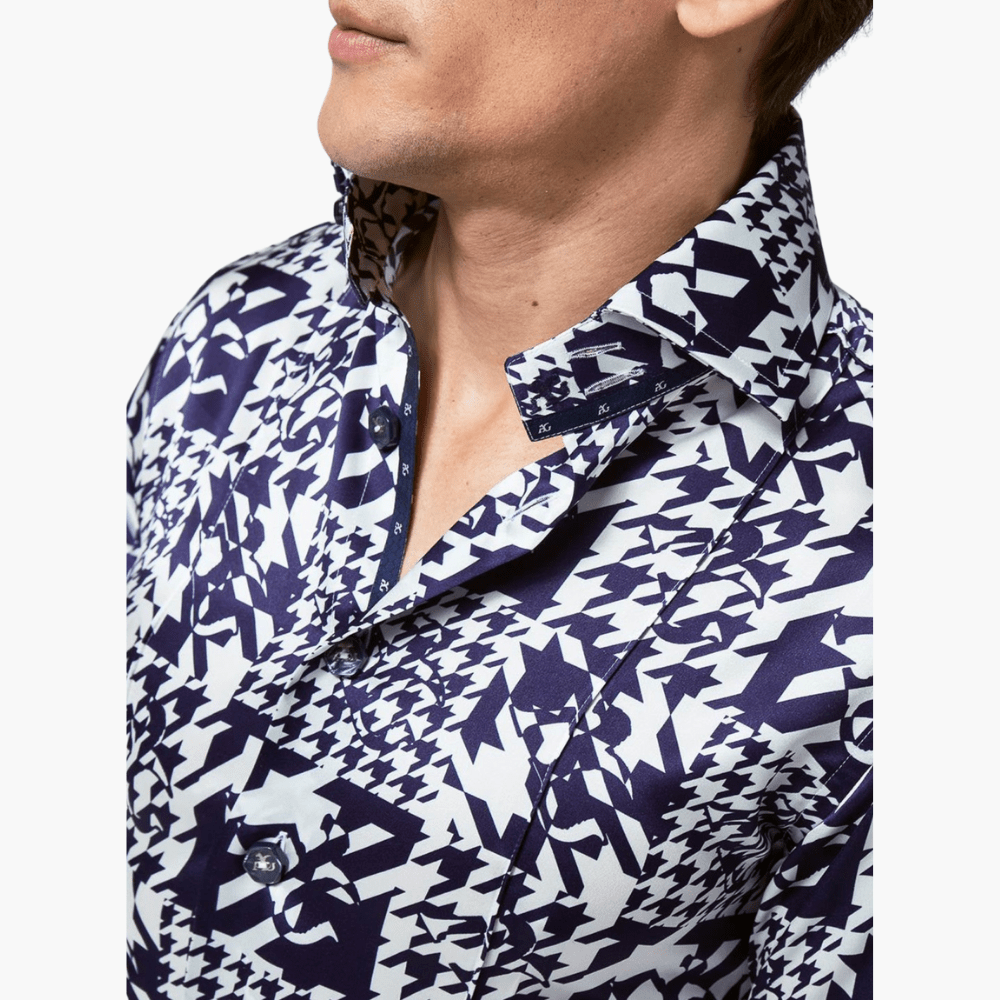 Blue Silk Houndstooth Mason Shirt - Angelo Galasso - Luxury Italian Menswear London