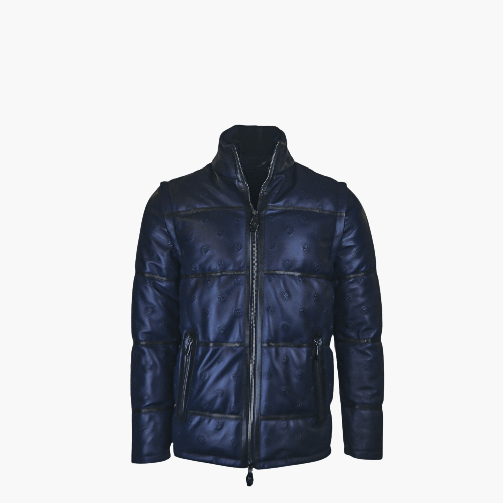 Blue Leather Outwear Jacket with AG Print - Angelo Galasso - Luxury Italian Menswear London
