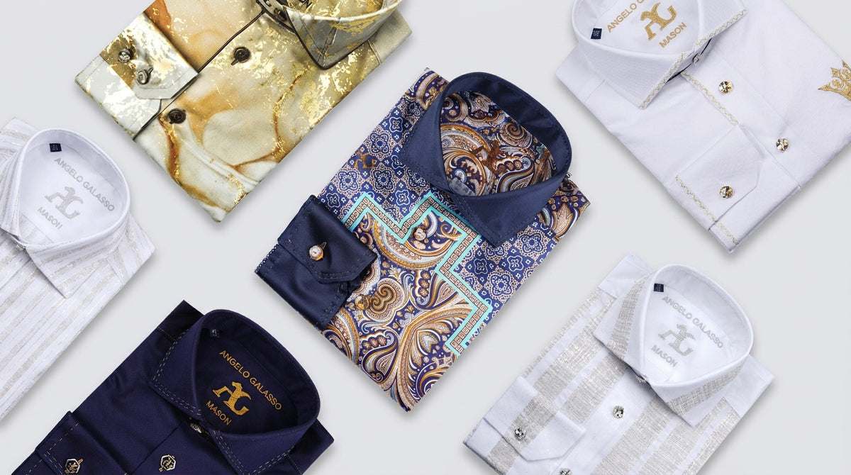 Folded Angelo Galasso Mason shirts in printed silk and white cotton